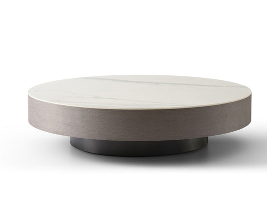 White & Gray Ceramic Tile & Wood Round Pedestal Coffee Table image 2