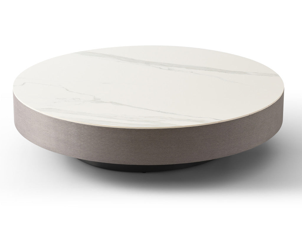 White & Gray Ceramic Tile & Wood Round Pedestal Coffee Table image 3