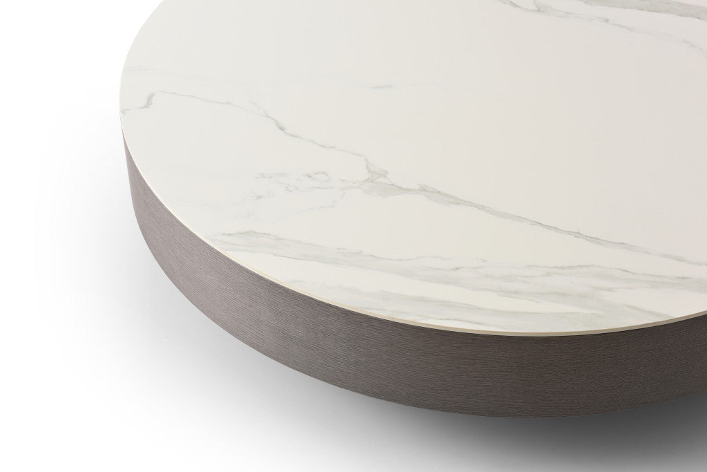 White & Gray Ceramic Tile & Wood Round Pedestal Coffee Table image 4