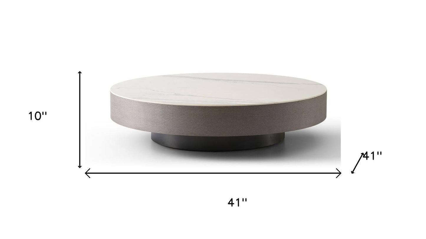 White & Gray Ceramic Tile & Wood Round Pedestal Coffee Table image 6