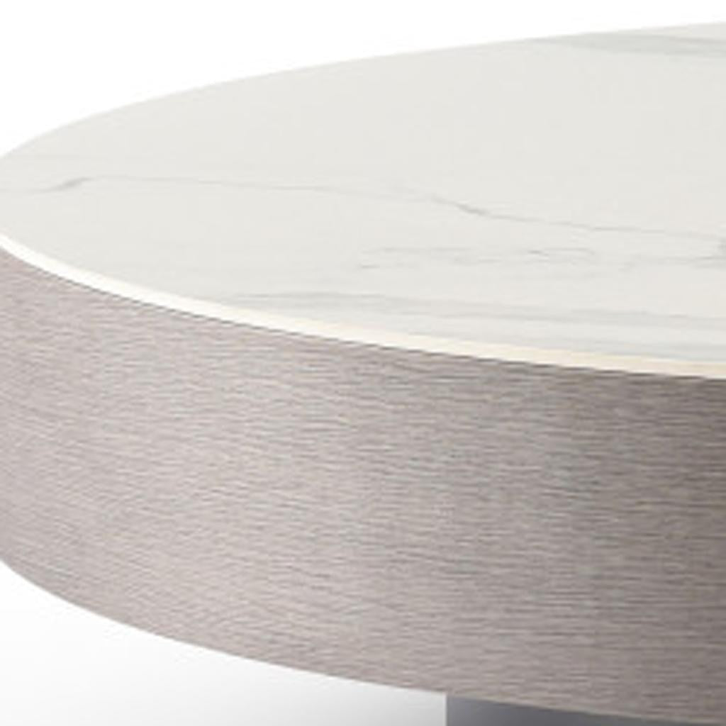White & Gray Ceramic Tile & Wood Round Pedestal Coffee Table image 5