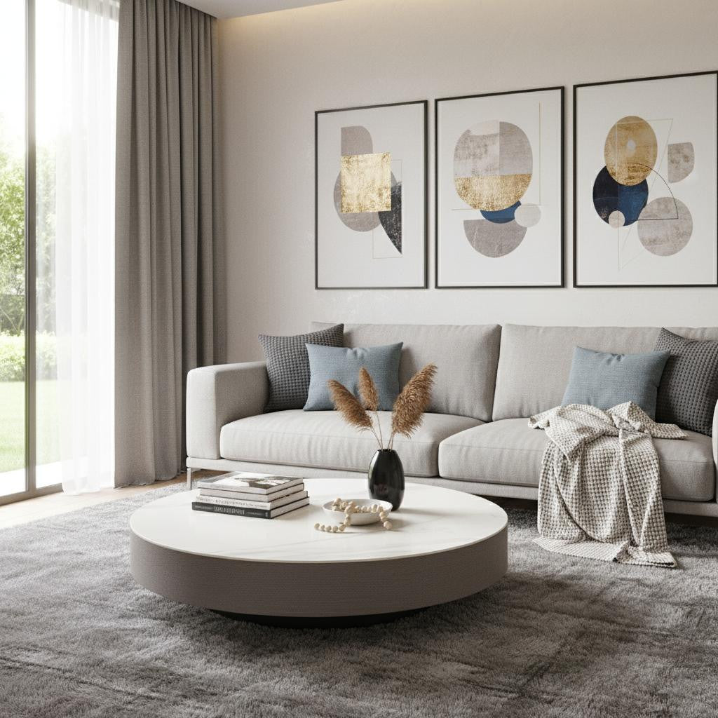 White & Gray Ceramic Tile & Wood Round Pedestal Coffee Table image 1