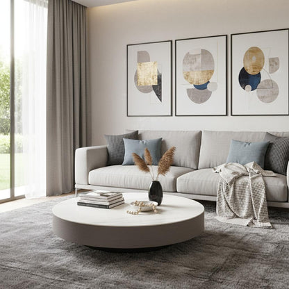 White & Gray Ceramic Tile & Wood Round Pedestal Coffee Table image 1