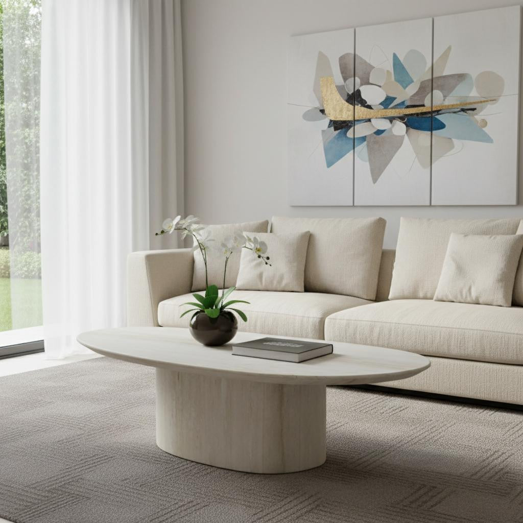Beige Marble Oval Pedestal Coffee Table image 1