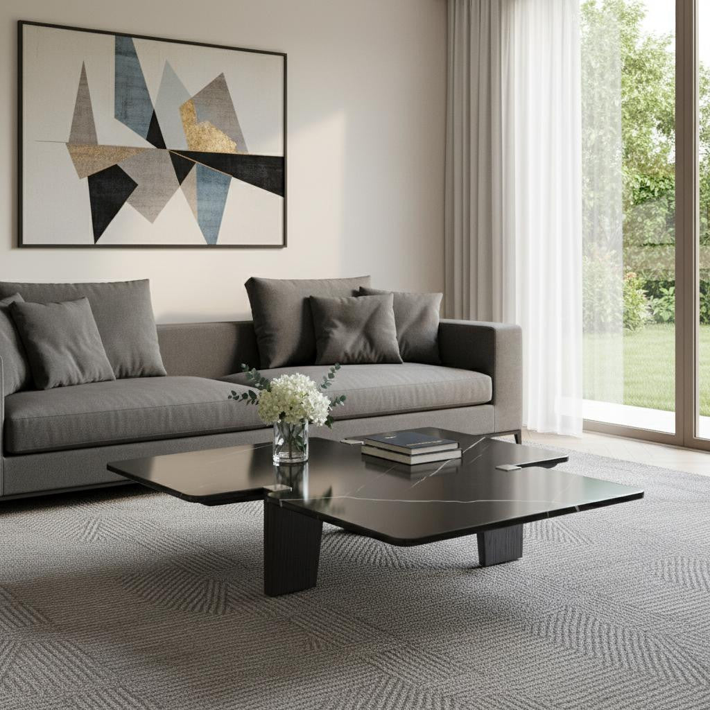 Black Genuine Marble & Solid Wood Free Form Coffee Table image 1