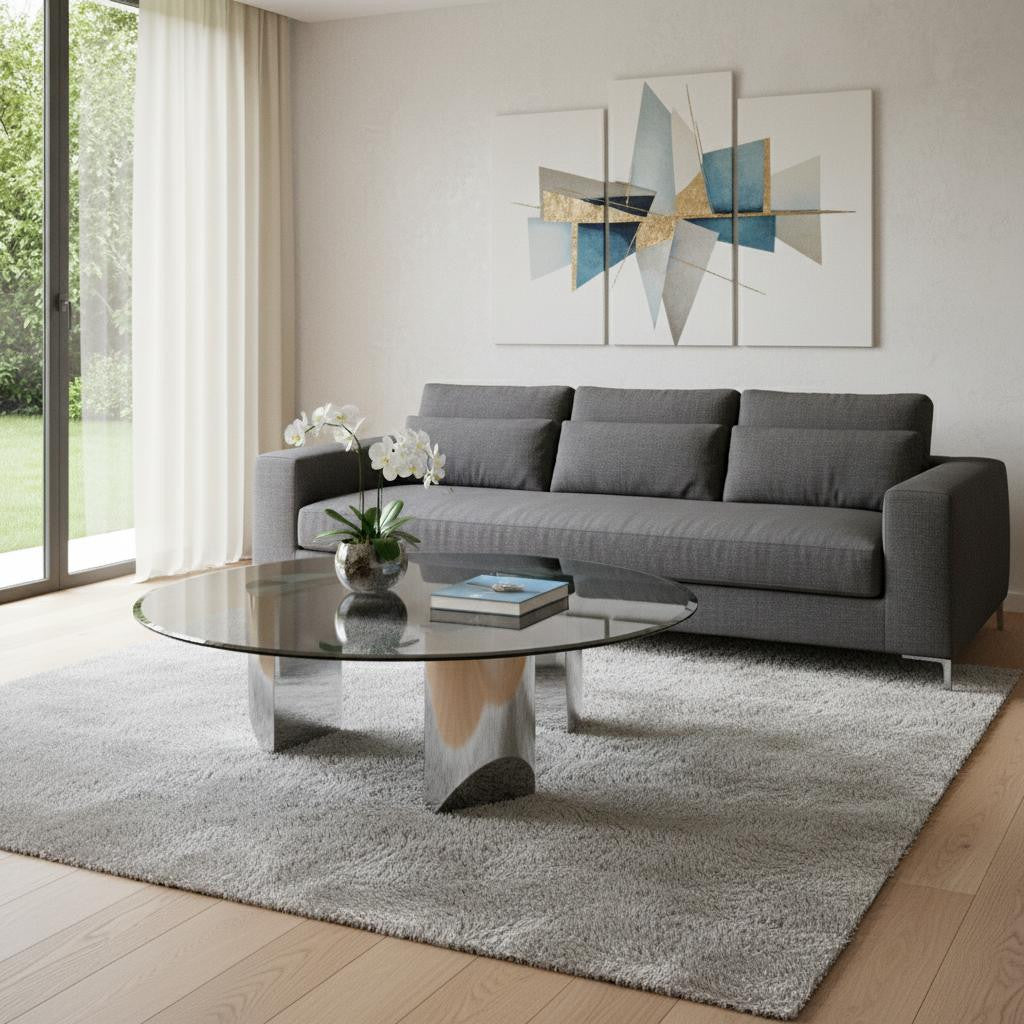 Black & Silver Mirrored Glass & Stainless Steel Round Coffee Table image 1