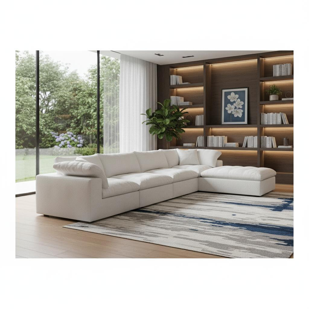 White Linen Blend Modular Sofa With Ottoman & Storage