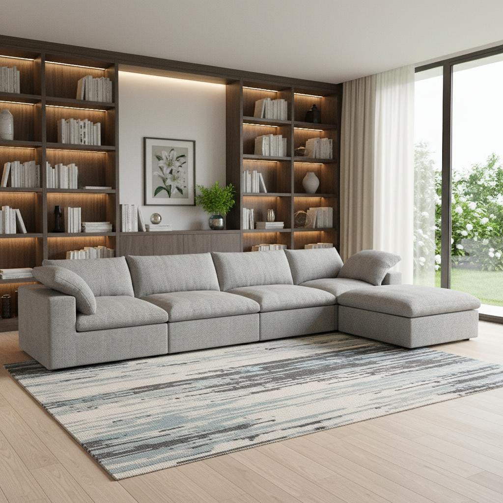 Light Gray Linen Blend Modular Sofa With Ottoman & Storage