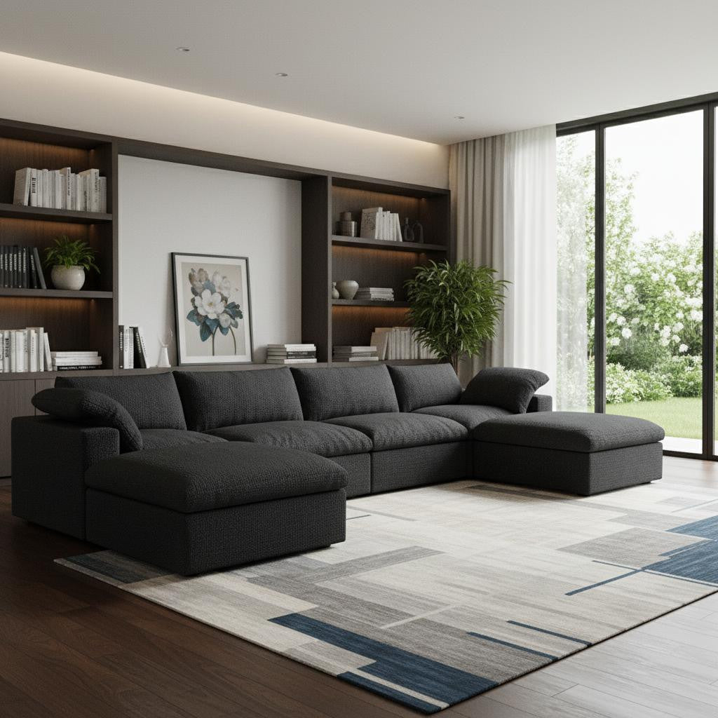 Black Linen Blend Modular Sofa With Ottomans Toss Pillows & Storage