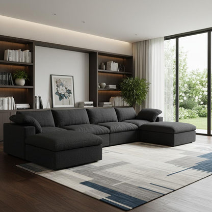 Black Linen Blend Modular Sofa With Ottomans Toss Pillows & Storage
