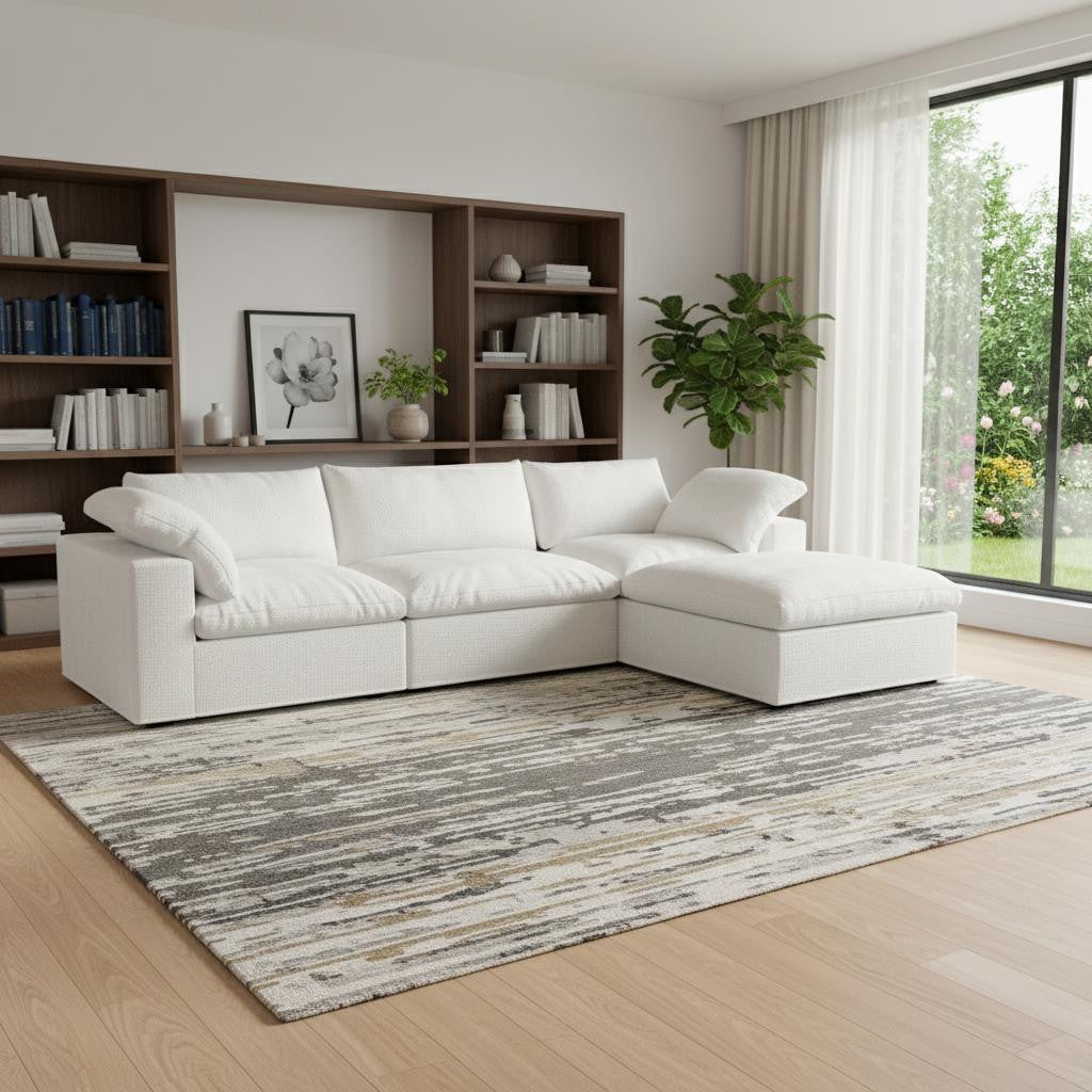 White Linen Blend Modular Sofa With Ottoman & Storage