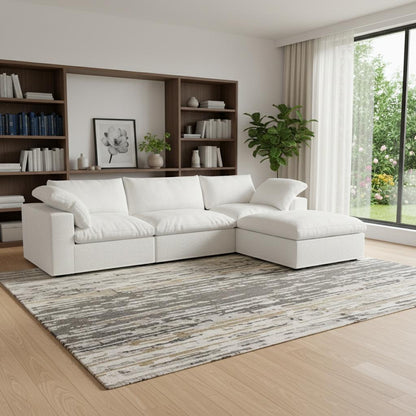 White Linen Blend Modular Sofa With Ottoman & Storage