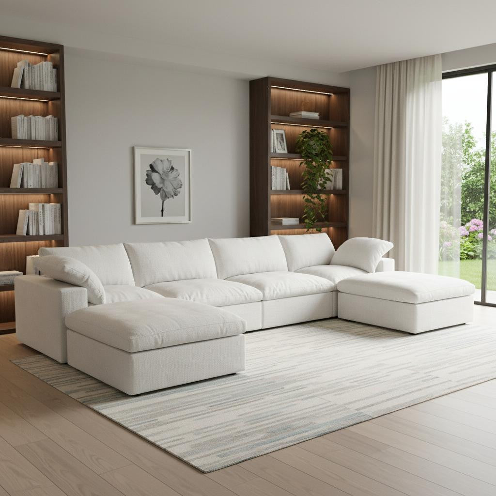 White Linen Blend Modular Sofa With Ottomans Toss Pillows & Storage