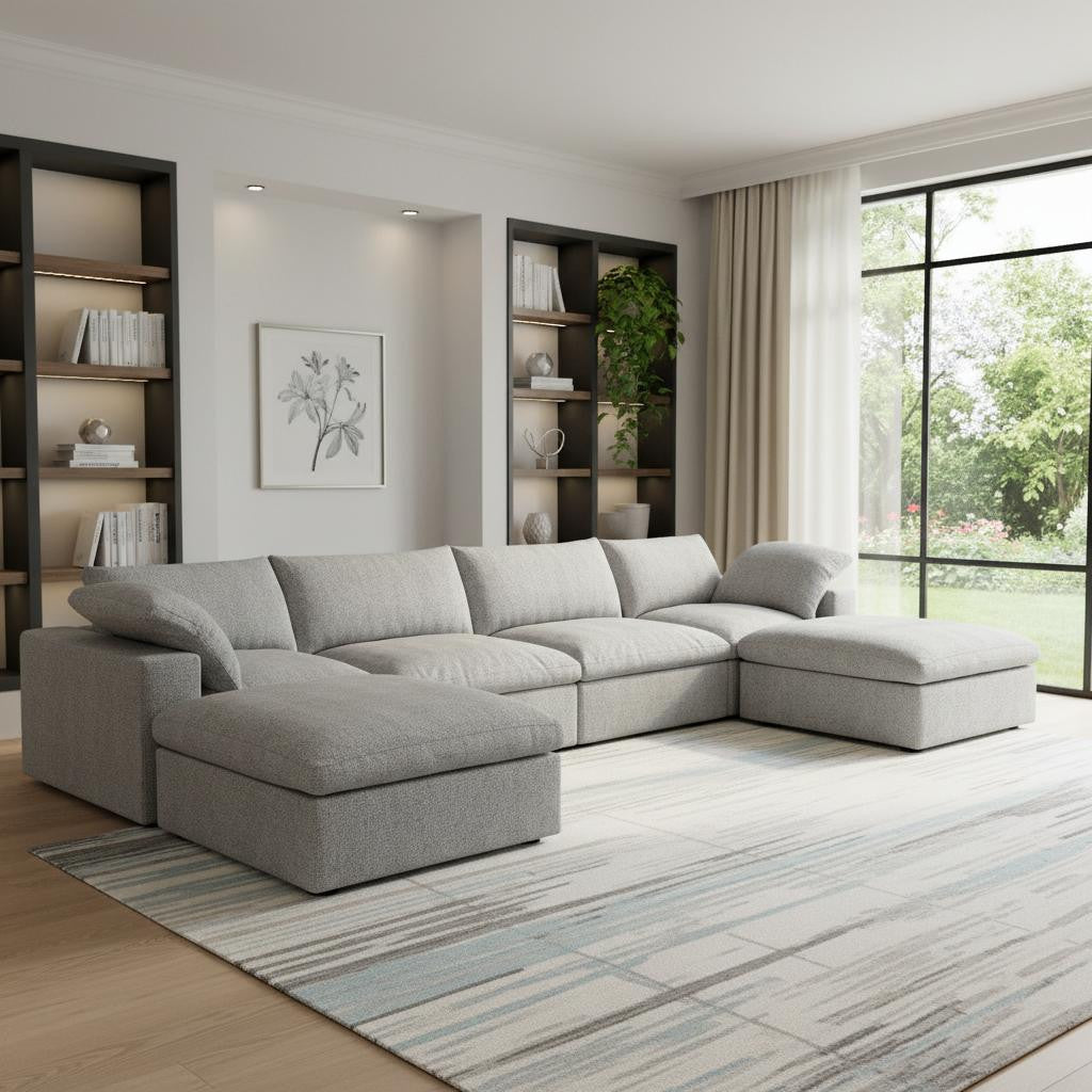 Light Gray Linen Blend Modular Sofa With Ottomans Toss Pillows & Storage