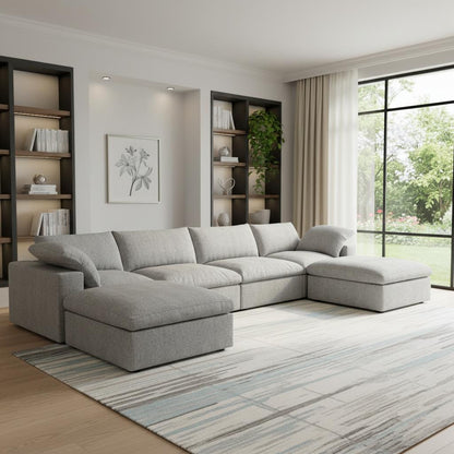 Light Gray Linen Blend Modular Sofa With Ottomans Toss Pillows & Storage