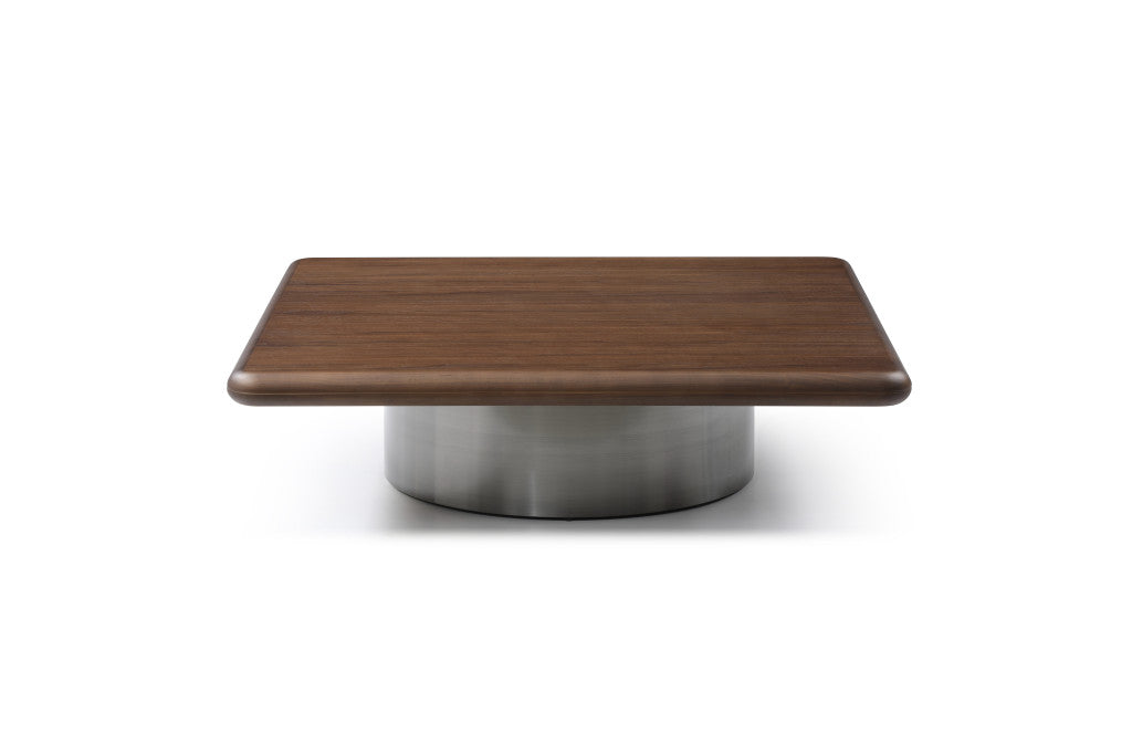 Brown & Silver Wood & Stainless Steel Square Pedestal Coffee Table image 2