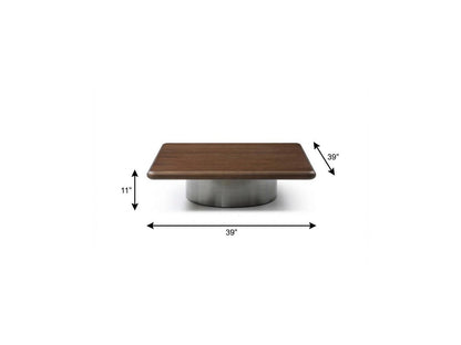 Brown & Silver Wood & Stainless Steel Square Pedestal Coffee Table image 6