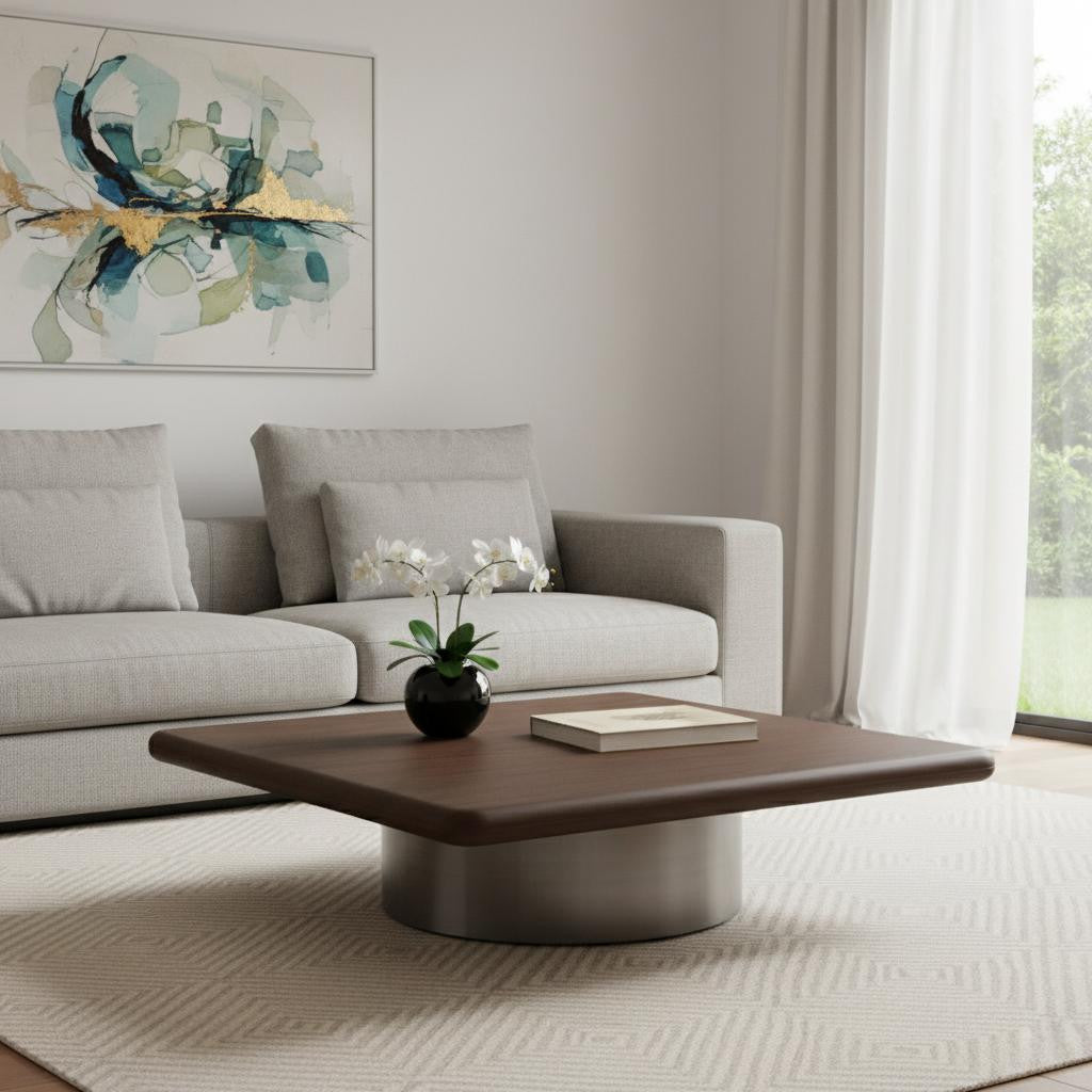 Brown & Silver Wood & Stainless Steel Square Pedestal Coffee Table image 1