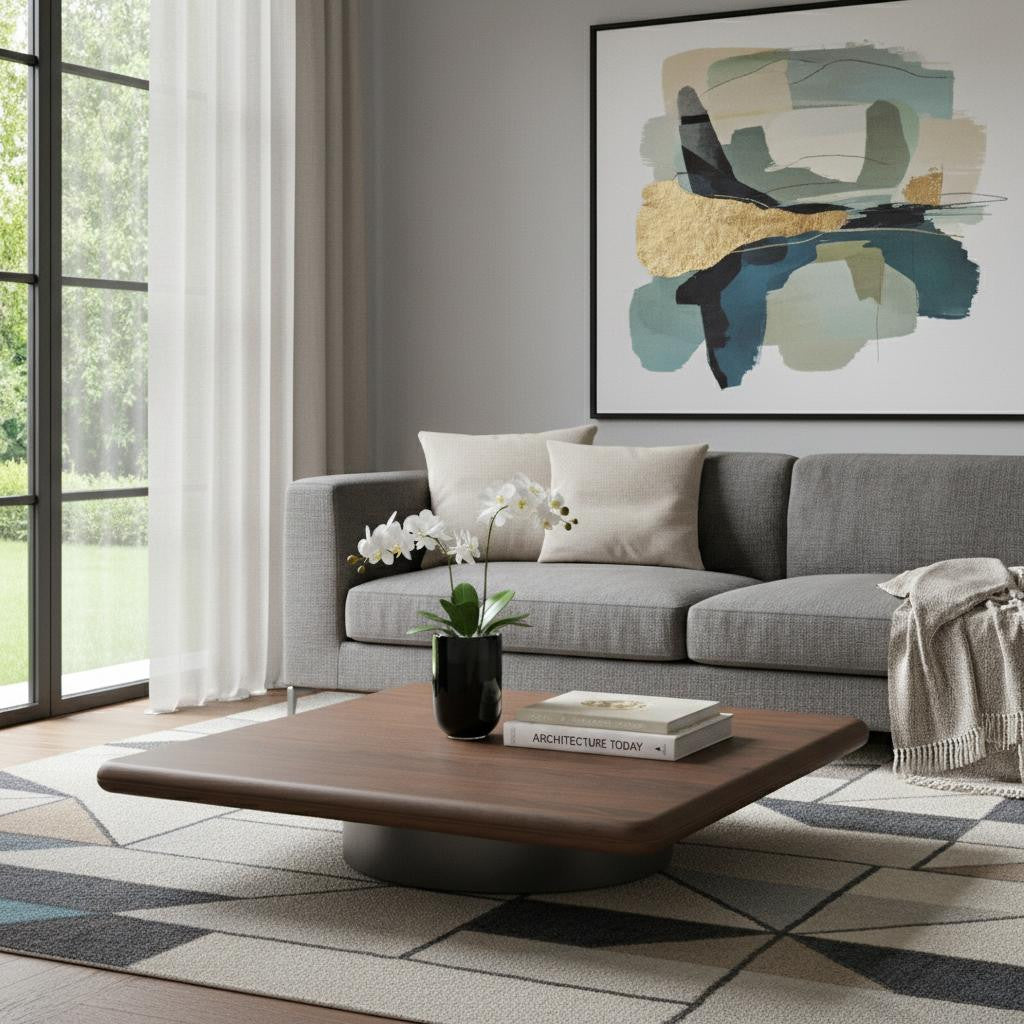 Brown & Silver Wood & Stainless Steel Square Pedestal Coffee Table image 1