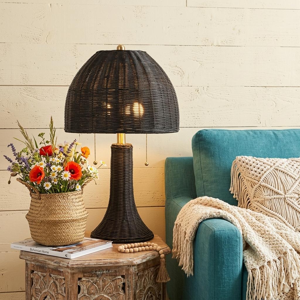 Black Round Bedside Lamp w/ Dome Shade
