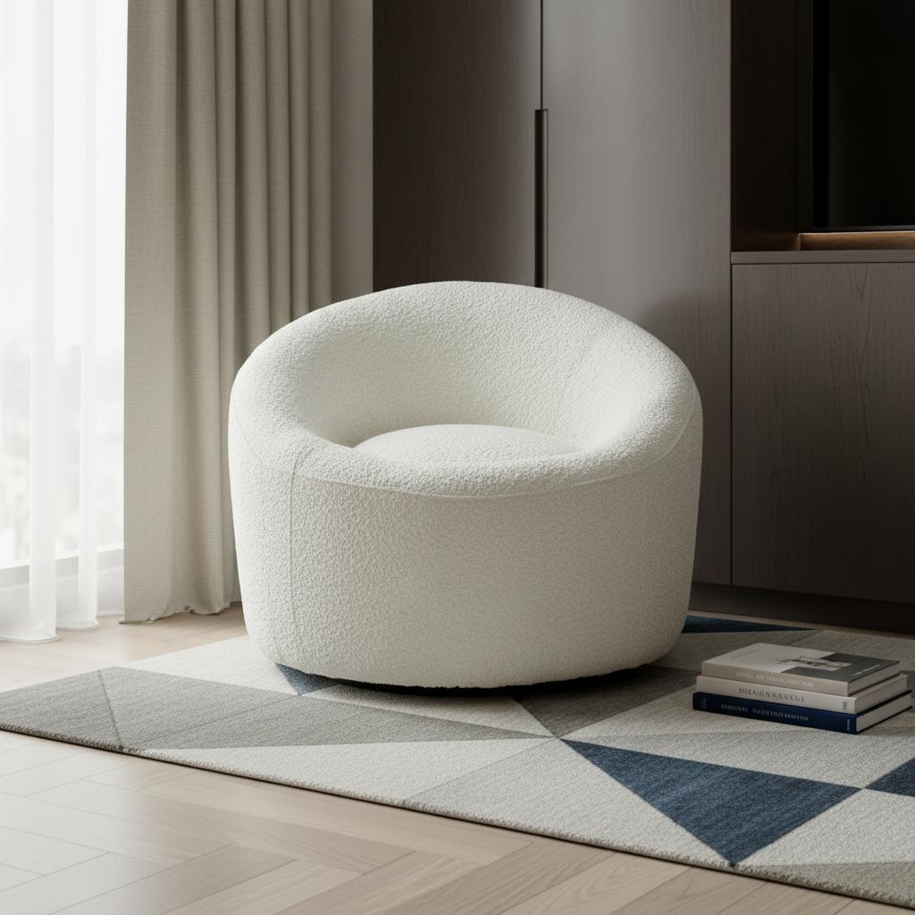 White Boucle Swivel Lounge Chair
