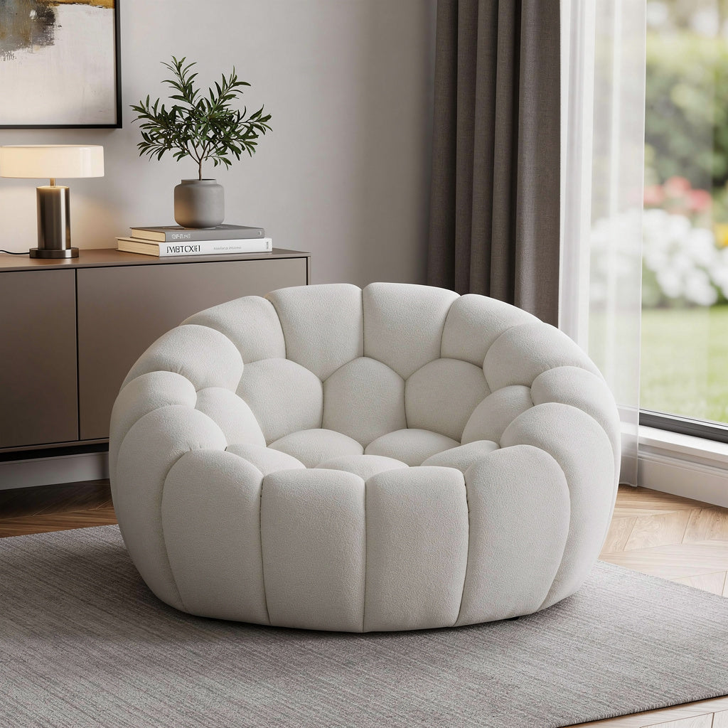 White Tufted Boucle Curved Lounge Chair