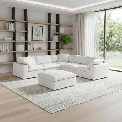 White Linen Blend Modular 6 Piece Sectional w/ Ottoman