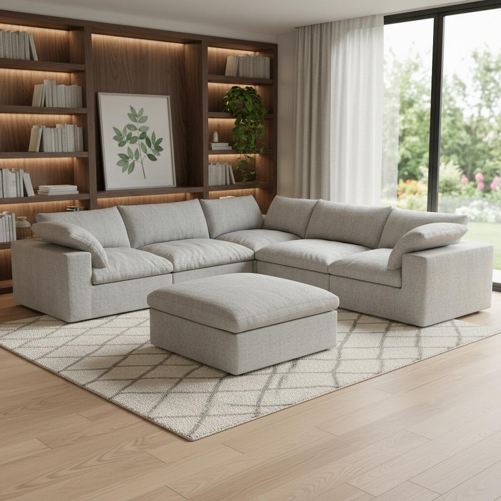 Light Gray Linen Blend Modular 6 Piece Sectional w/ Ottoman