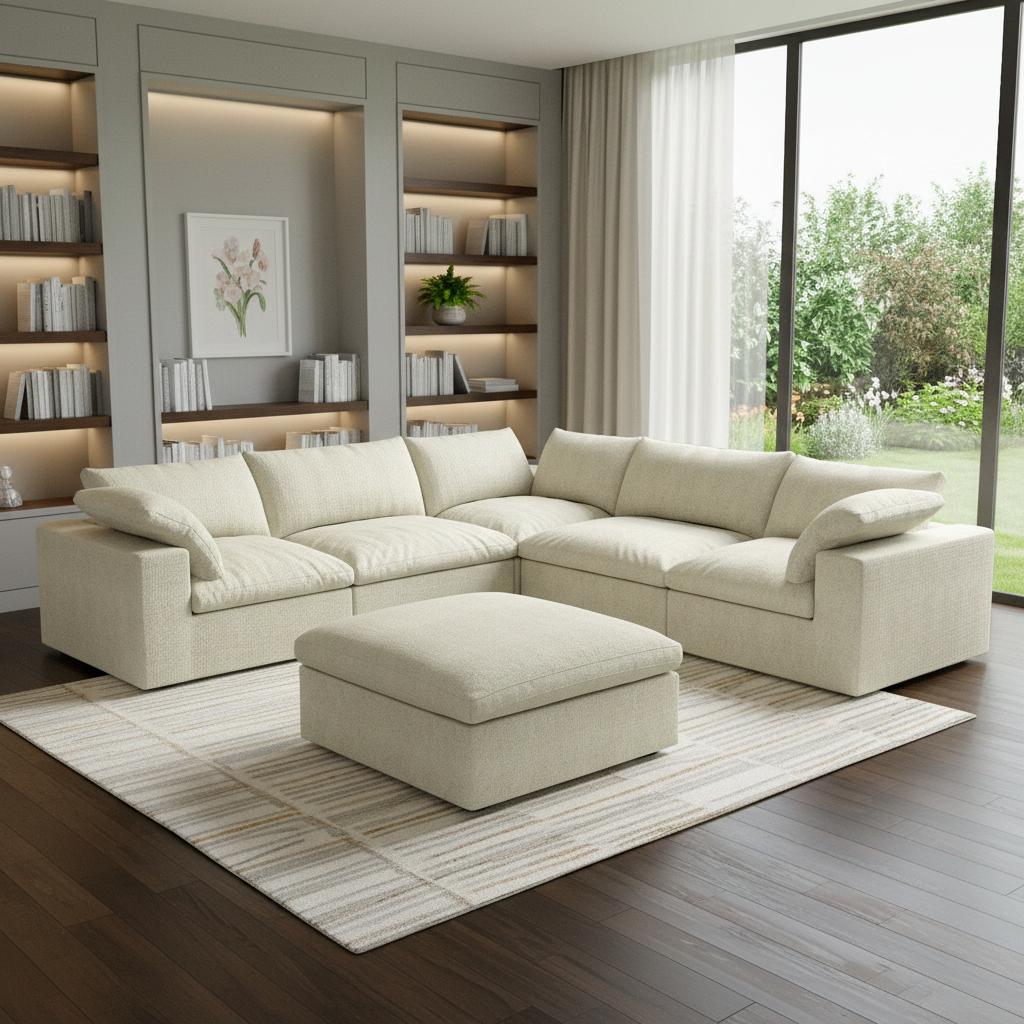 Khaki Linen Blend Modular 6 Piece Sofa & Chaise Sectional w/ Ottoman