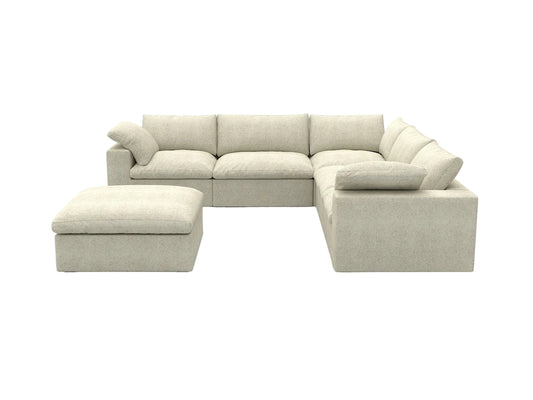 Khaki Linen Blend Modular 6 Piece Sofa & Chaise Sectional w/ Ottoman