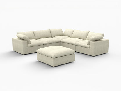 Khaki Linen Blend Modular 6 Piece Sofa & Chaise Sectional w/ Ottoman