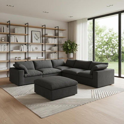 Black Linen Blend Modular 6 Piece Sectional w/ Ottoman