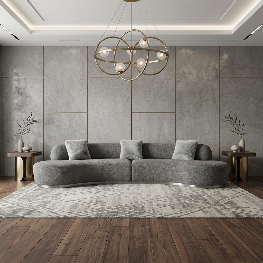 Dark Gray Boucle Curved Sofa With Toss Pillows