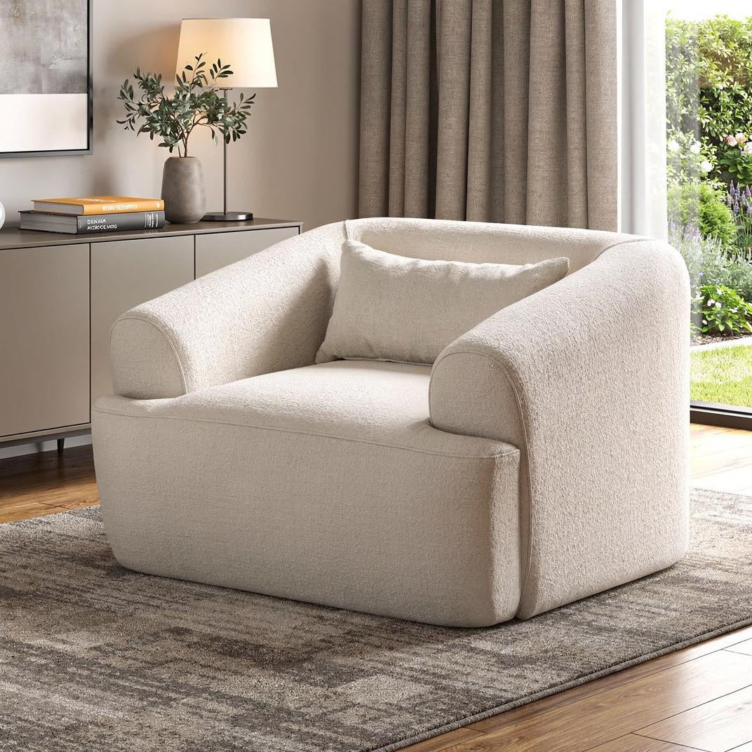 White Boucle Arm Chair With Lumbar Pillow