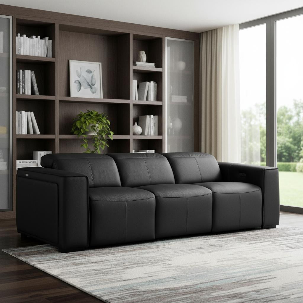Black Top Grain Leather Reclining Metal USB Sofa