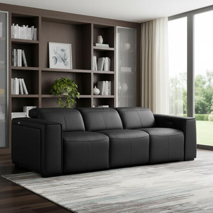 Black Top Grain Leather Reclining Metal USB Sofa