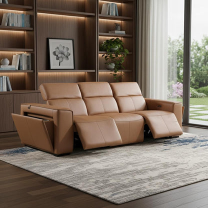Chestnut Top Grain Leather Reclining Metal USB Sofa