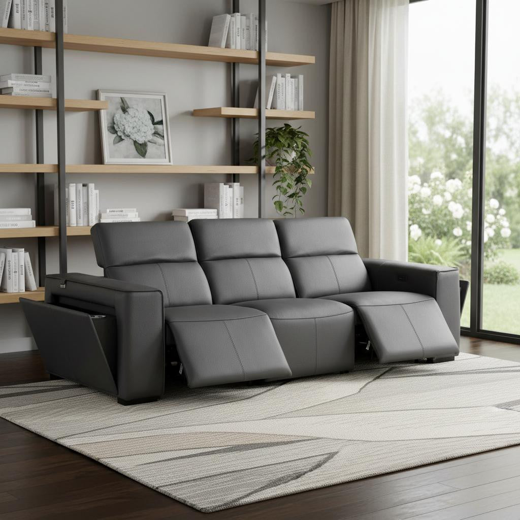 Dark Gray Top Grain Leather Reclining Metal USB Sofa