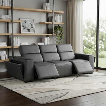 Dark Gray Top Grain Leather Reclining Metal USB Sofa