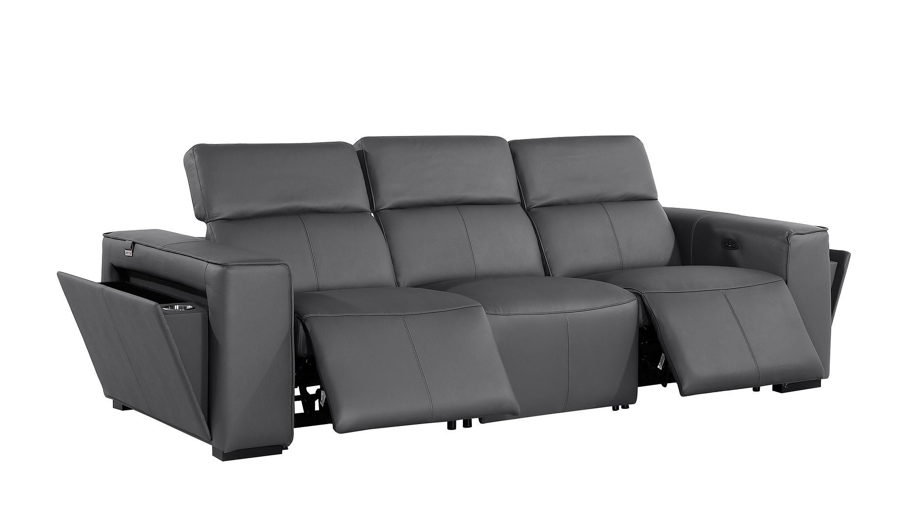 Dark Gray Top Grain Leather Reclining Metal USB Sofa