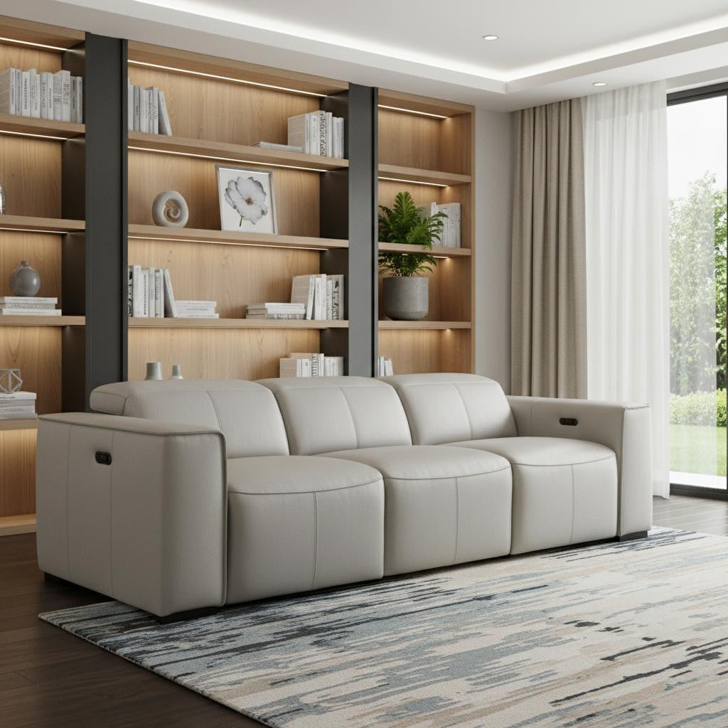 Light Gray Top Grain Leather Reclining Metal USB Sofa