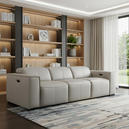 Light Gray Top Grain Leather Reclining Metal USB Sofa