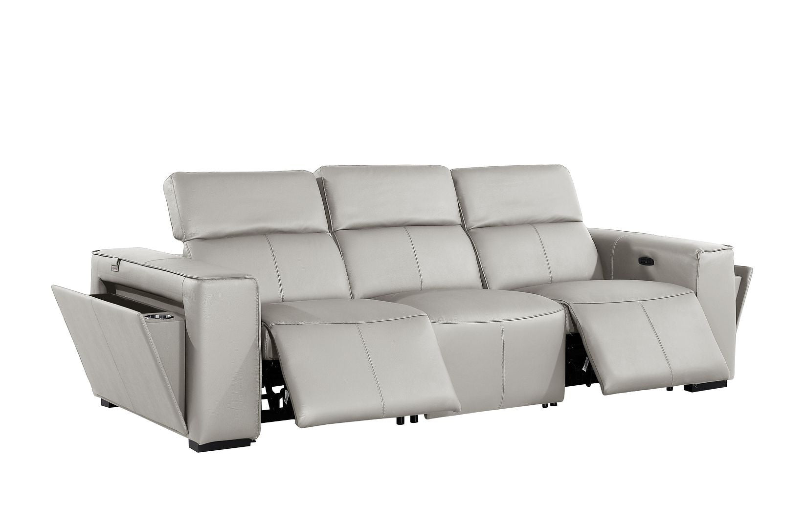Light Gray Top Grain Leather Reclining Metal USB Sofa