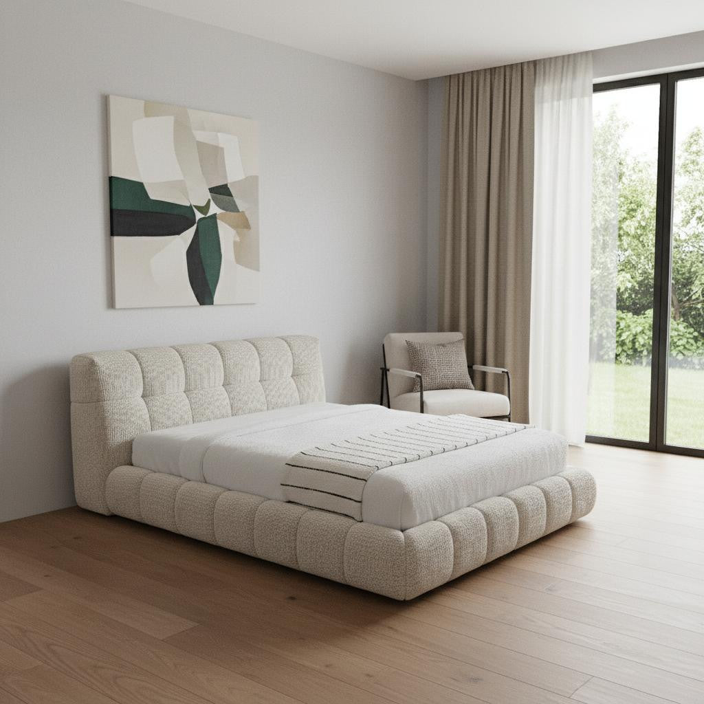 Beige Tufted Chenille Upholstered King Bed