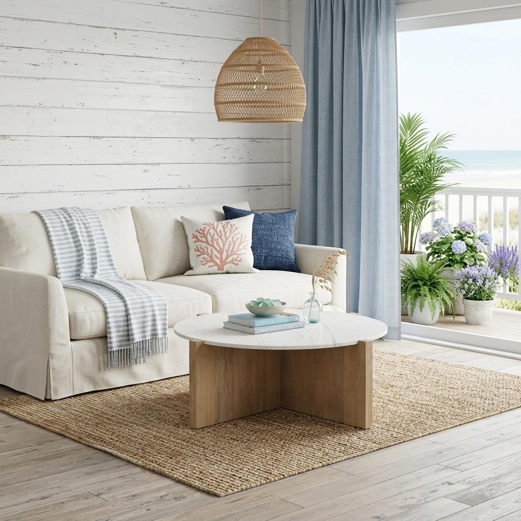 White & Brown Marble & Solid Wood Round Coffee Table image 2