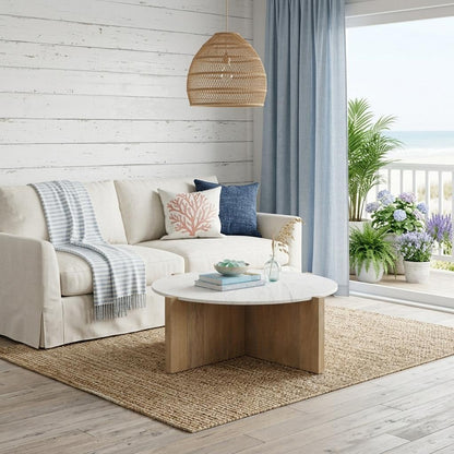 White & Brown Marble & Solid Wood Round Coffee Table image 2