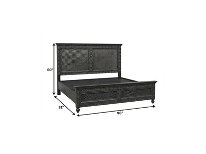Black Carved Floral Distressed Solid Wood King Bed