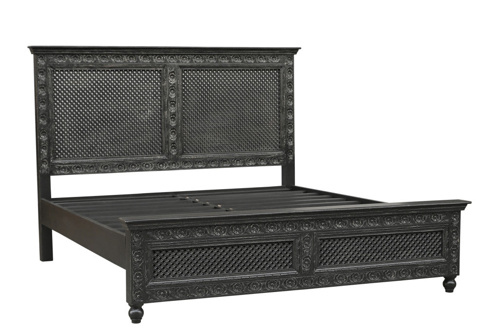 Black Carved Floral Distressed Solid Wood King Bed