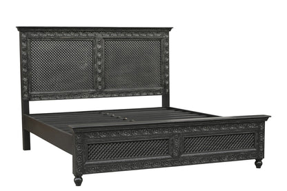 Black Carved Floral Distressed Solid Wood King Bed
