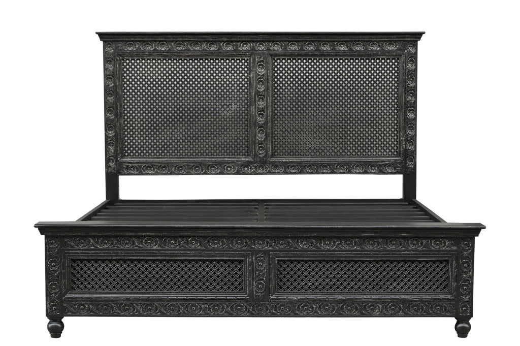 Lawson Black Carved Floral Distressed Solid Wood King Bed